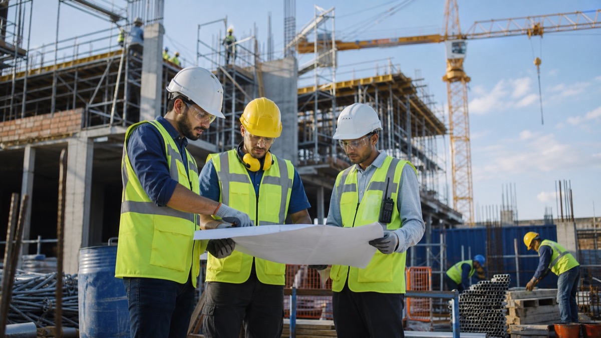 Construction workers reviewing plans at a building site