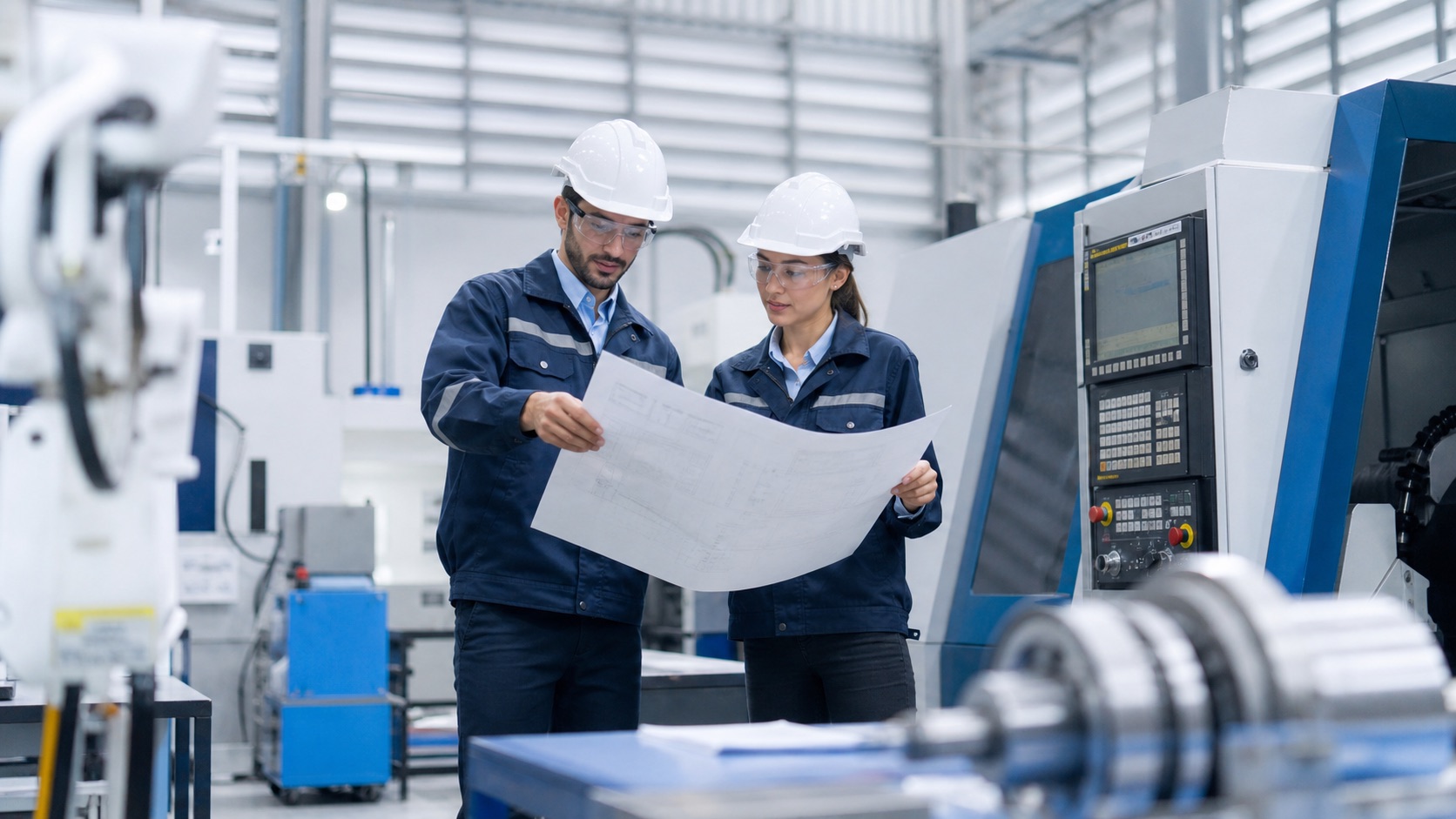 Engineers reviewing technical plans beside industrial machinery