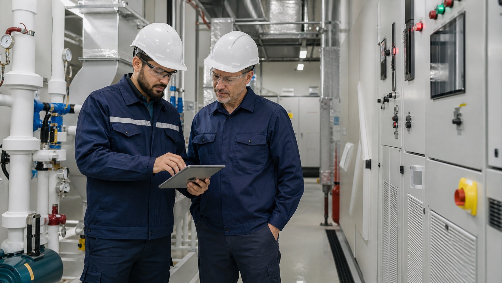Facility management technicians inspecting building systems and MEP equipment