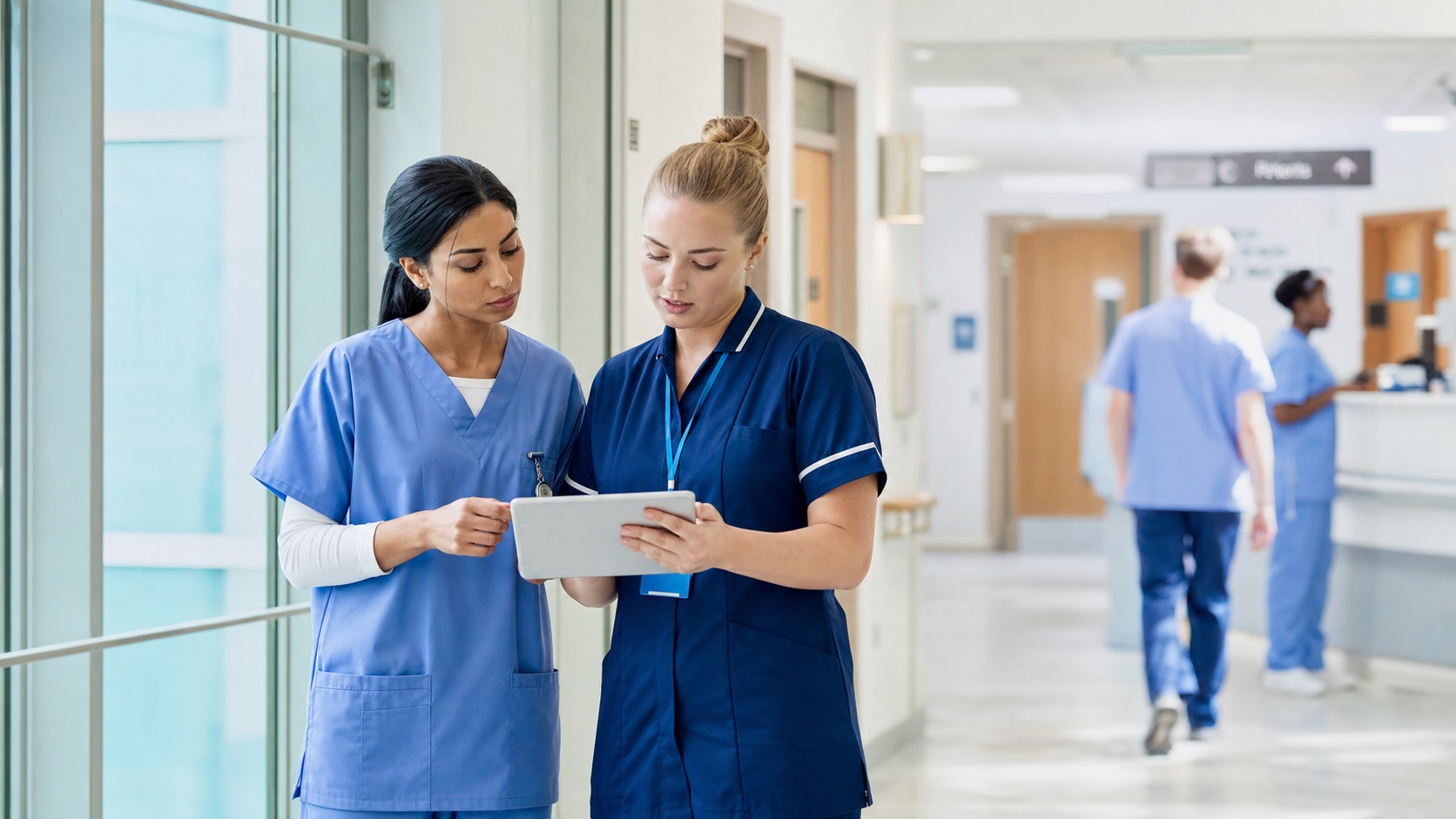 Healthcare staff reviewing patient support information in a clinic corridor