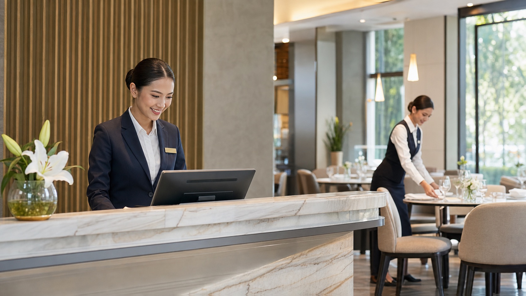 Hospitality staff coordinating hotel reception and dining service