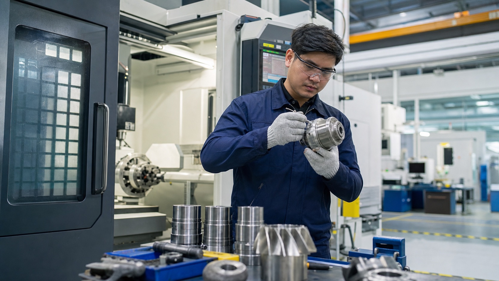 Manufacturing technician inspecting a machined component near CNC equipment
