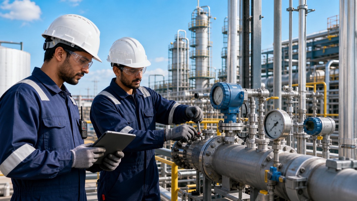 Oil and gas technicians inspecting industrial pipeline equipment