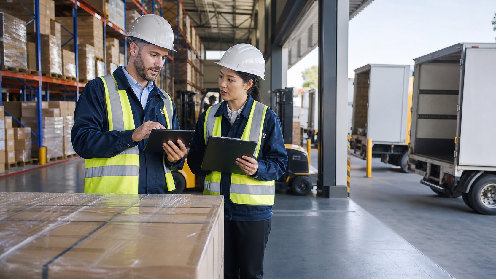 Logistics staff coordinating shipments at a warehouse loading bay